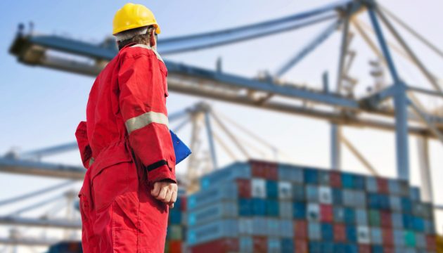 Conceptual image of international logistics, featuring a docker, looking at the unloading of a container ship by huge cranes in the distance